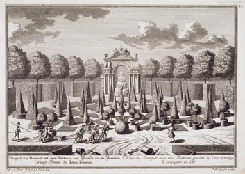 Un parterre avec des orangers dans le jardin du palais Lichtenstein, Vienne, gravé par Franz Michael Regenfus (c.1712-80), publié c.1724-37